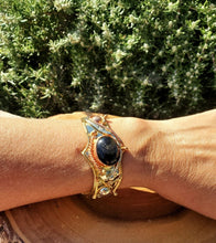 Load image into Gallery viewer, Mixed Metal and Snowflake Obsidian Stone Cuff Bracelet
