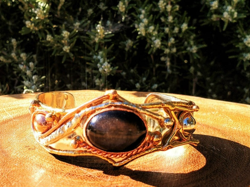 Mixed Metal and Snowflake Obsidian Stone Cuff Bracelet