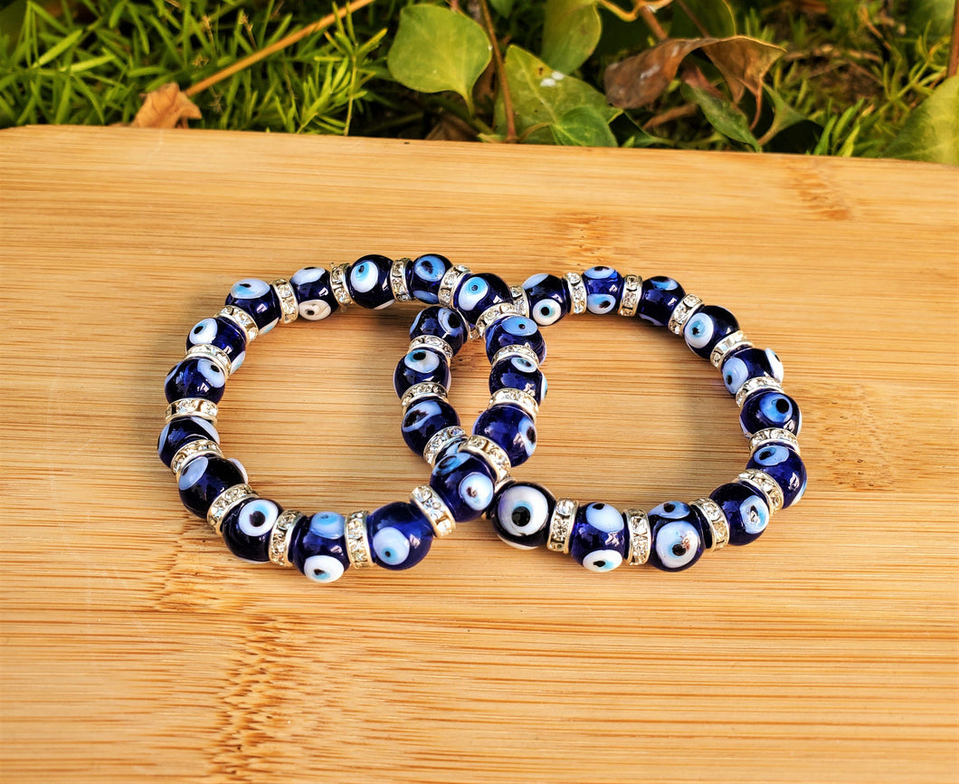 Evil Eye Glass Bead Stretch Bracelet Blue